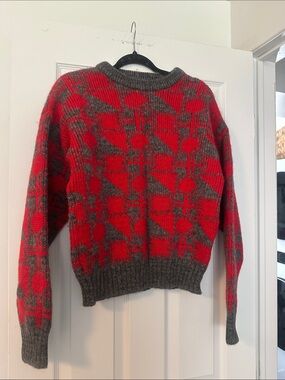 Red and Gray Patterned Women's Sweater - 100% Wool